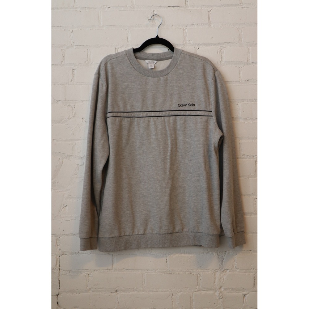Calvin Klein Mens Crewneck Sweatshirt Gray Embroidered Logo Stripe Pullover L